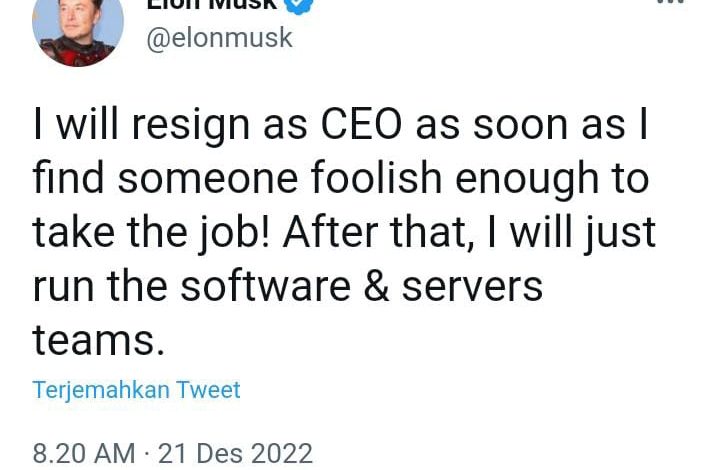 Cuitan Elon Must di Twitter Foto Twitter Elon Musk (21122022)