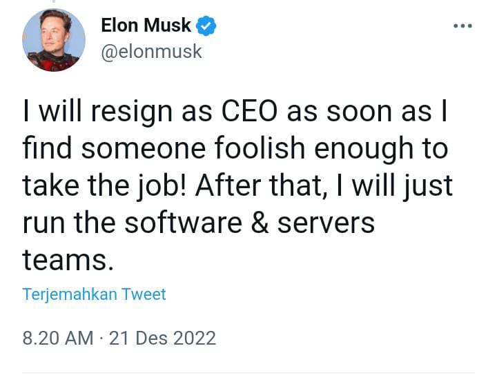 Cuitan Elon Must di Twitter Foto Twitter Elon Musk (21122022)