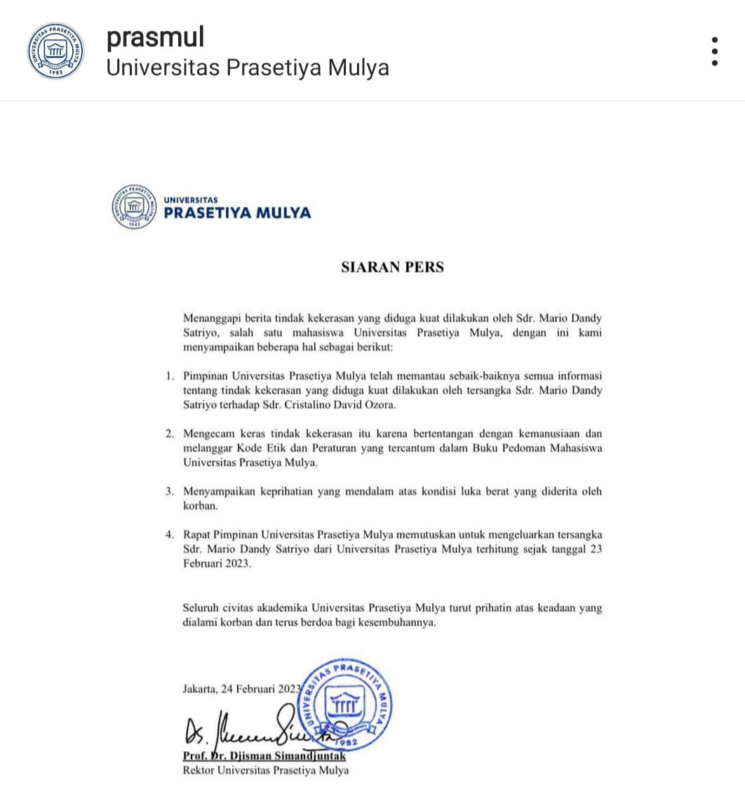 Siaran pers Universitas Prasetiya Mulya. Sumber foto: Instagram @prasmul