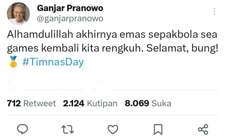 Ucapkan Selamat pada Timnas, Twitter Ganjar Dicecar Netizen