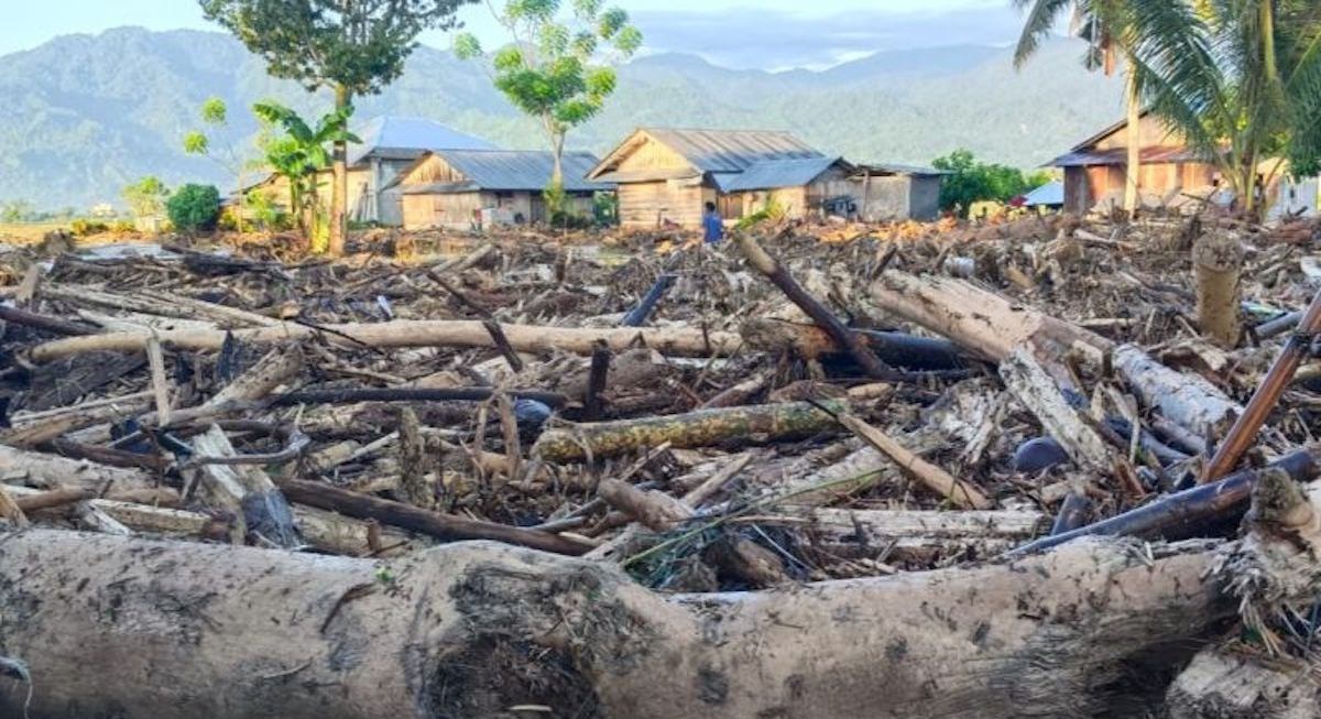 Tangkapan Layar Tumpukan kayu akibat banjir di parig moutong. Sumber foto:Istimewa