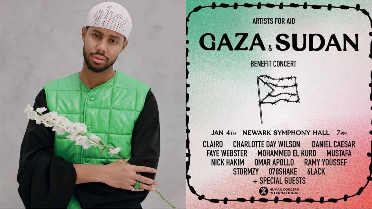 Mustafa Ahmed dan Poster Konser 'Artist for Aid: Gaza and Sudan' Sumber Foto: Instagram @mustafathepoet