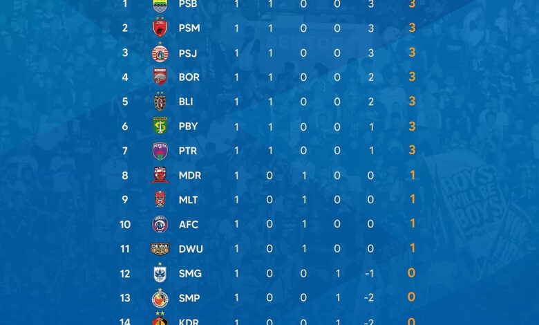 Klasemen Sementara BRI Liga 1 2024/2025: Persib Bandung Puncaki