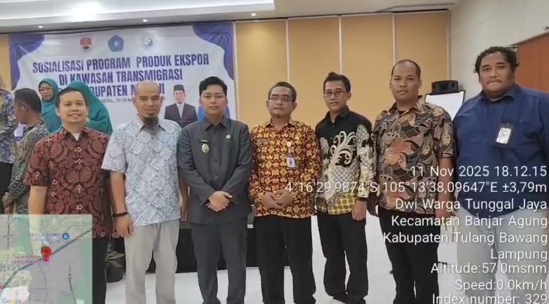 Kegiatan Sosialisasi Ekspor di Kawasan Transmigrasi Mesuji Dorong Pelaku Usaha Menuju Pasar Internasional Tim Kementerian Transmigrasi, Wakil Bupati dan Dinas Nakertrans Mesuji, paska pembukaan kegiatan Ekspor, Sumber Foto: Istimewa